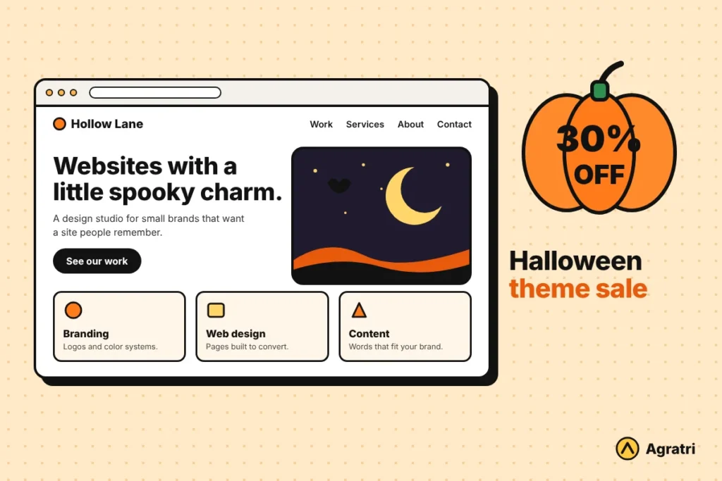 Halloween WordPress theme sale banner with a pumpkin badge showing 30% off