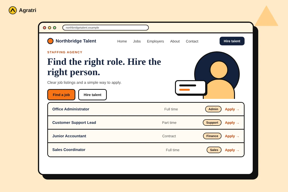 Staffing agency homepage with job listings, a recruitment WordPress theme example